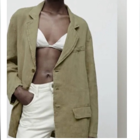 Zara “The Carmen” Linen Olive Green Oversized Jacket Blazer - Picture 3 of 6